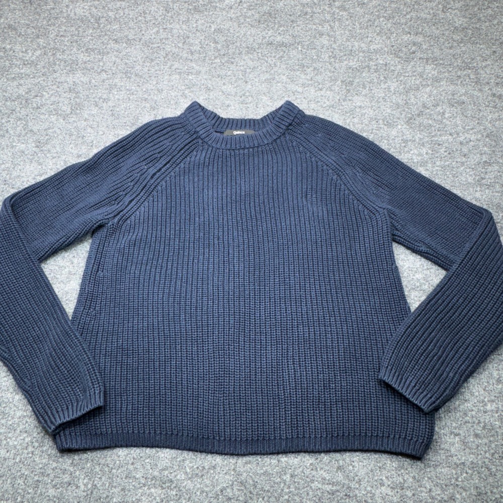 Quince Sweater Womens Medium Blue Cotton Fisherman Crew Ribbed Knit Pullover